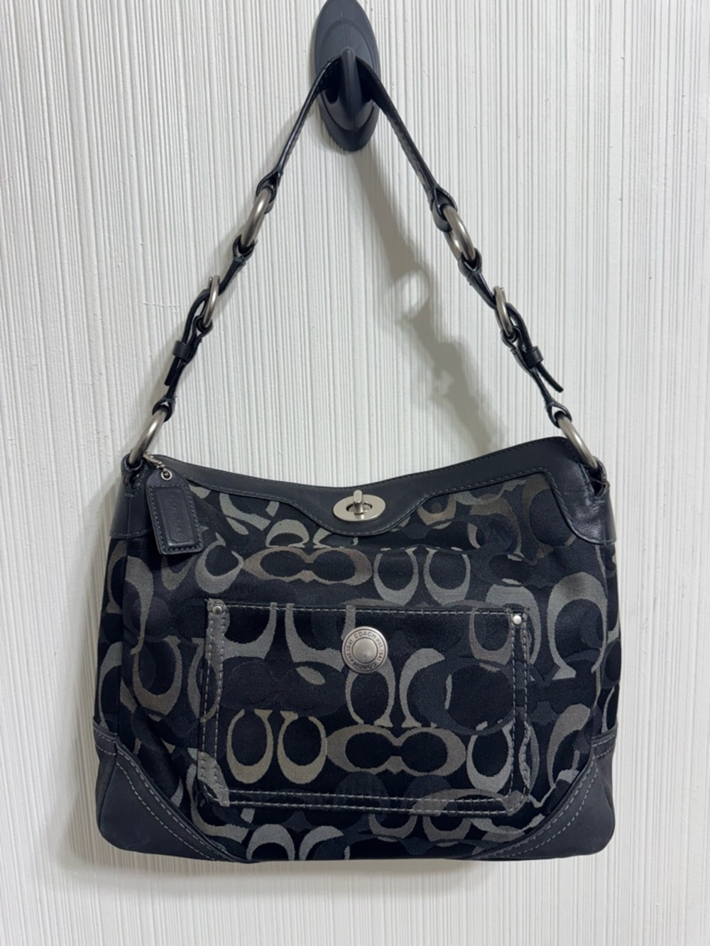 Coach Chelsea Signature Black Canvas Leather Trim Turnlock Hobo Shoulder Bag
